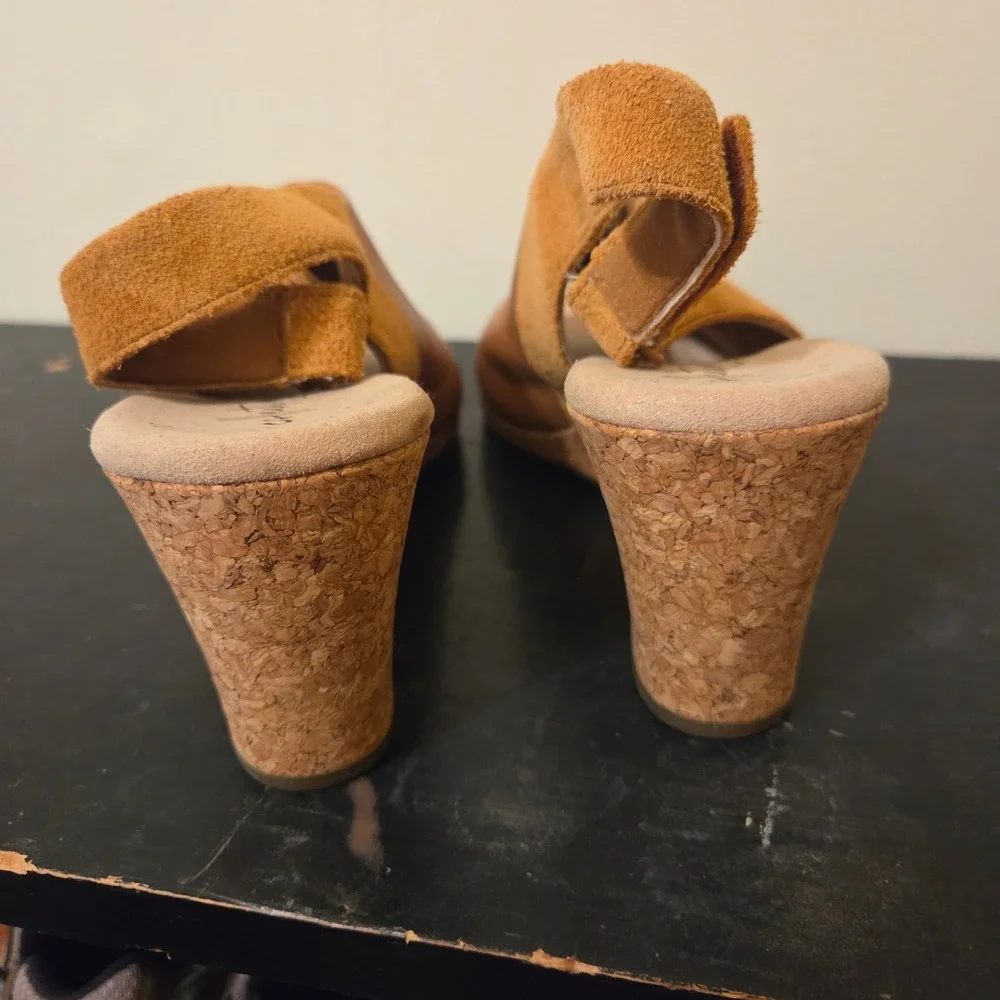 Clarks Tan Leather Suede Cork Wedge Slingback Sandals‎ Womens 8.5 M 26140414060